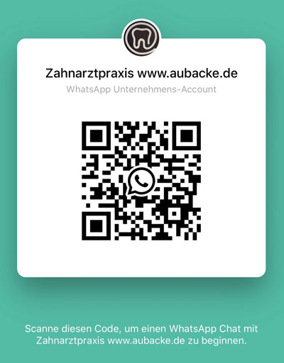 WhatsApp Nachricht QR-Code Scanne diesen Code, um einen WhatsApp Chat mit Zahnarztpraxis www.aubacke.de zu beginnen.
